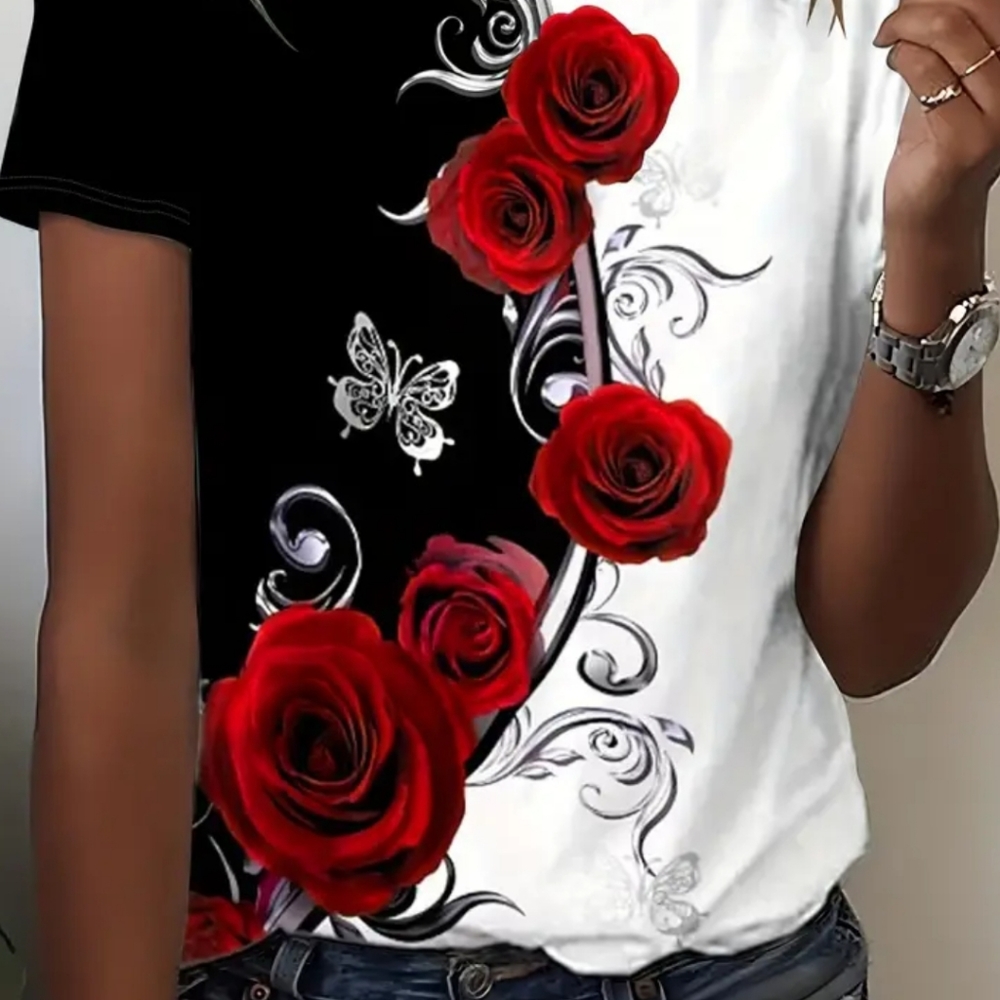 Women's Rose-print Short-sleeve T-shirt, M(6)